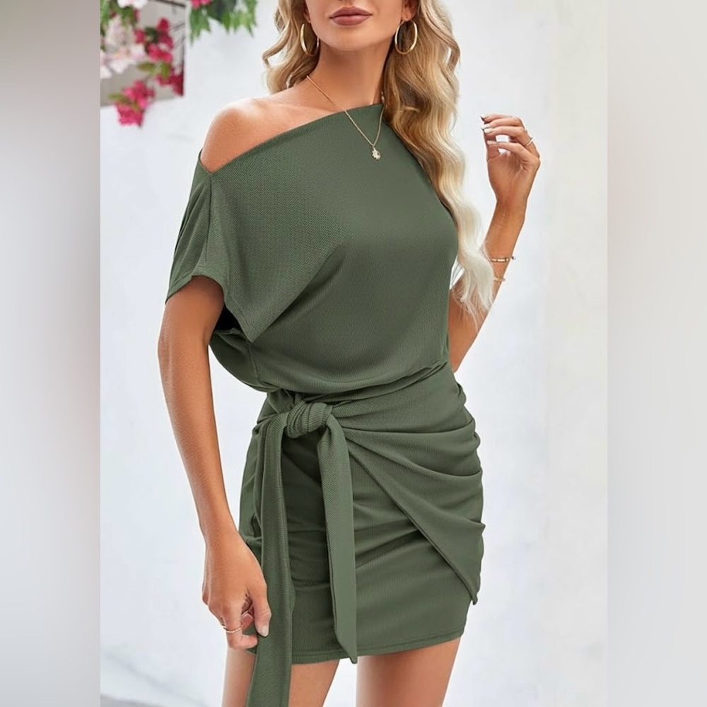 Elegant Olive Green Off-Shoulder Dress